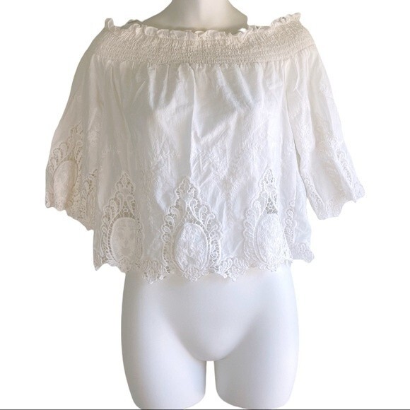 Bleuh Ciel White Off the Shoulder Eyelet Floral Lace Vintage Styled Top - Picture 1 of 5